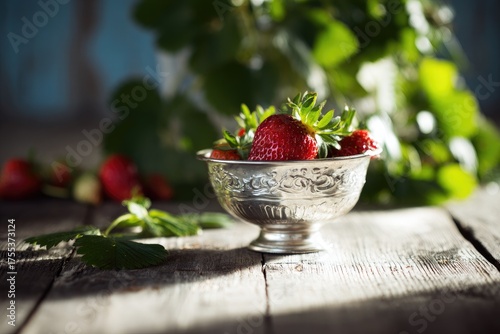 Silver bowl of strawberries on weathered wood, greenery behind