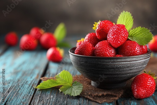 Bowl of ripe, red strawberries on rustic, blue wood