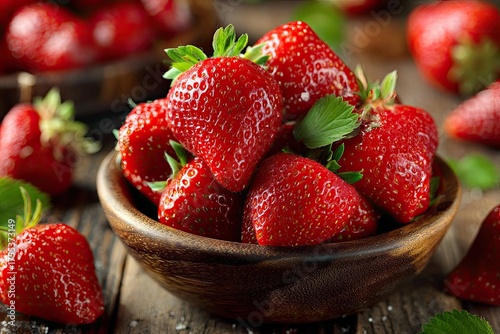 Ripe strawberries piled in wood bowl on weathered wood