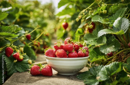 Ripe strawberries in bowl in lush garden