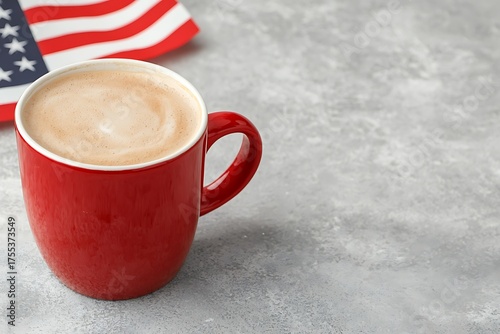 Red Coffee Mug on Gray Background with American Flag in the Background for Independence Day