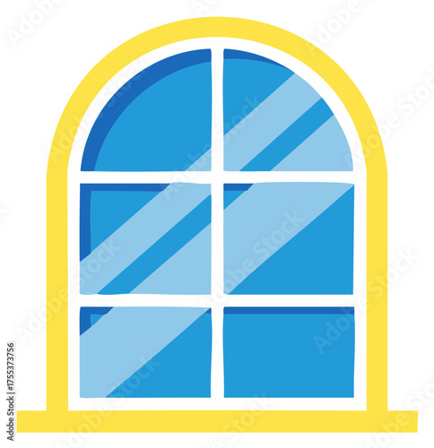 Arch window with yellow frame and blue glass panels for a modern interior design concept