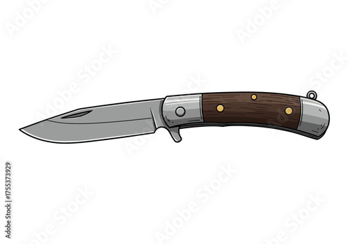 Vintage Folding Pocket Knife with Wooden Handle Illustration.