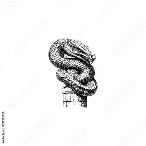 illustration of a venomous snake coiled tightly around a stone column or pillar