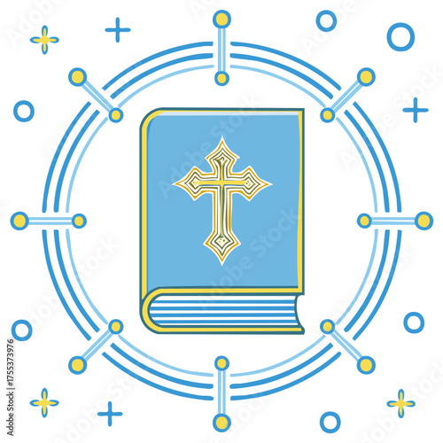 Religious illustration of book with cross graphic, circle design