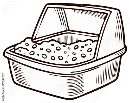 Simple line drawing of a cat litter box with cover and litter material