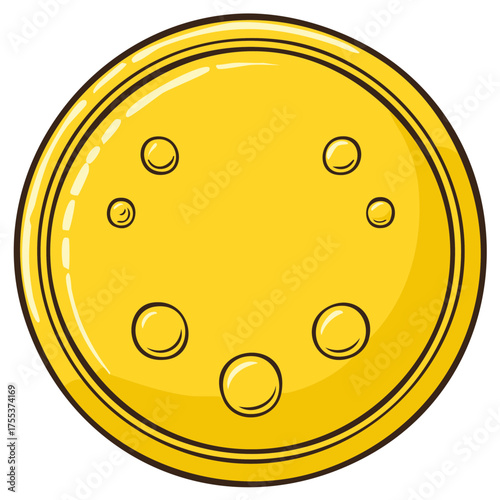 Cartoon illustration of a yellow circular cheese slice with bubbles and a golden border