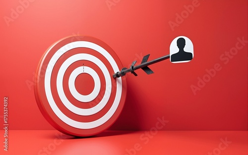 Red dartboard and black arrow connection linkage with human icon for customer focus target group and customer relation management concept. High quality
