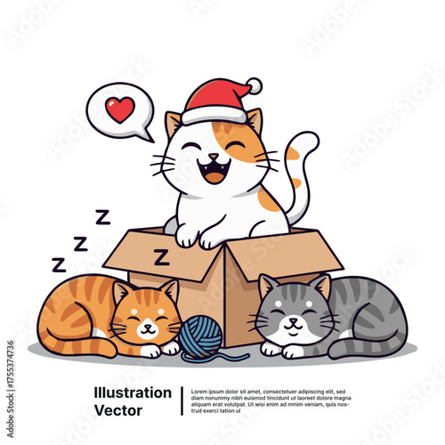 Sweet animated kittens celebrating the holiday season, one in a festive hat and two peacefully napping nearby