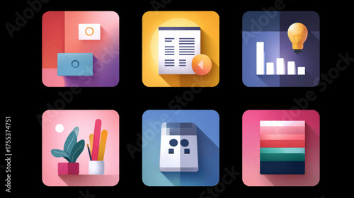 Colorful Flat Icon Set Vector Collection with Office and Creative Elements Modern Style Bright Palette
