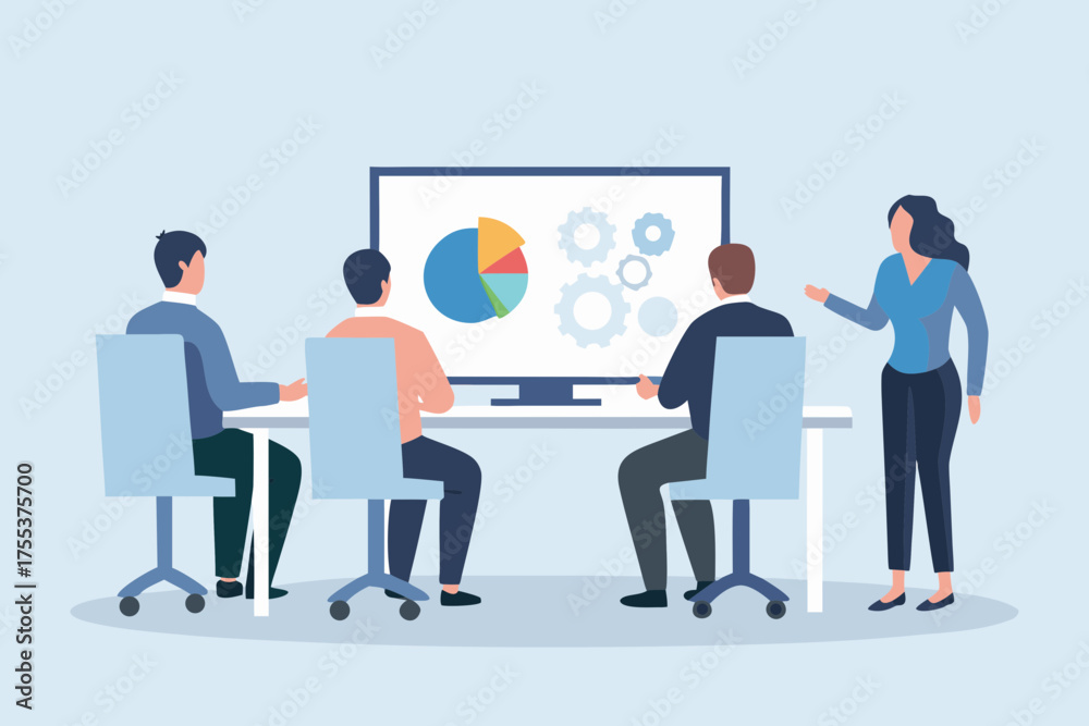 Obraz premium Business team meeting discussing pie chart and gears on computer screen in a modern office