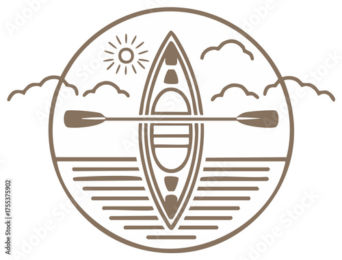 Canoe on water sun and clouds graphic icon