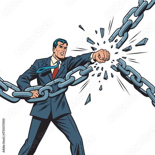 Muscular Man in Blue Suit Breaking Chains in Comic Book Style Illustration on White Background