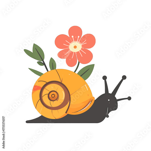 Snail with Orange Shell Crawling Near Peach Color Flower on White Background Illustration, Cute Cartoon Snail with Antennae and Green Leaves, Vector Graphic