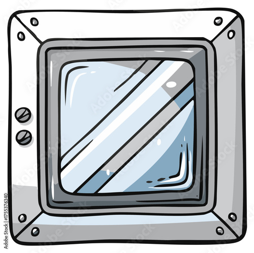 Cartoon illustration of a square spaceship porthole window with rivets