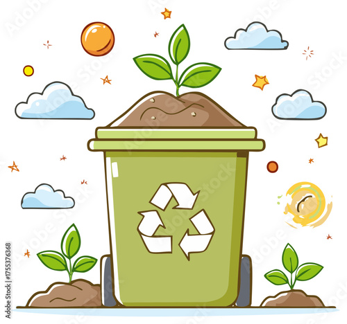 Cartoon illustration of recycling concept. Plant growing in a bin to illustrate an environmentally friendly effort