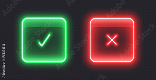 Neon checkmark icons, glowing check buttons, glossy glass signs. Tick and cross symbols to select correct or wrong options from the list. Vector illustration.