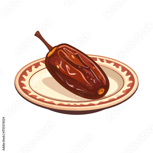 Pixel Art Illustration of a Single Brown Date on a Decorative Plate with an Off White Background and Simple Lighting