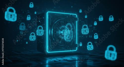 Digital lock and safe security concept with multiple glowing padlock icons and a central vault illustration on a dark background, representing data protection and cybersecurity