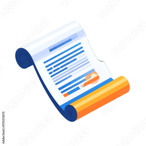 Isometric Illustration of Blue and Yellow Scroll with Text and Data on White Background
