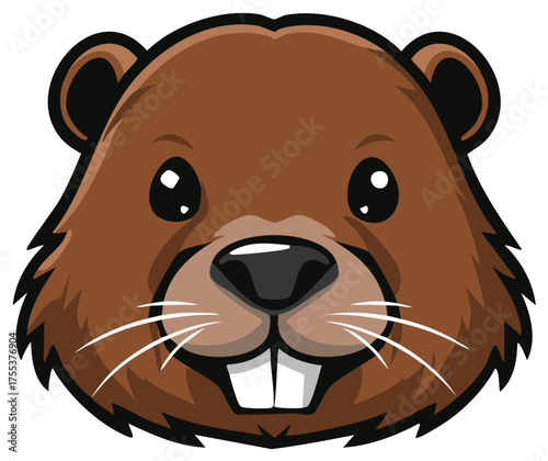 Cute cartoon beaver head mascot with big teeth and friendly smile vector illustration