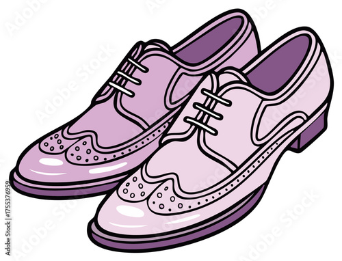 Pair of lavender wingtip dress shoes with laces stylized vector illustration