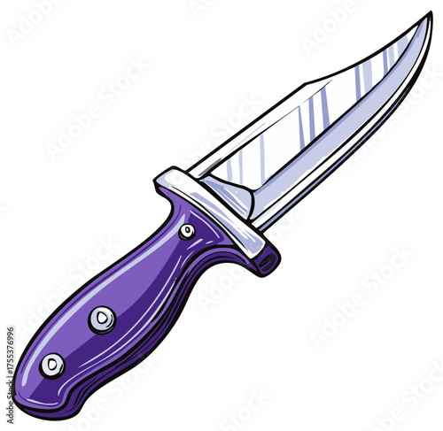 Cartoon Dagger Illustration with Gleaming Silver Blade and Vibrant Purple Hilt Hand Drawn