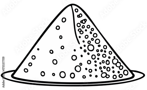 Minimalist black and white vector drawing of a delightful conical snow cone on a serving plate.