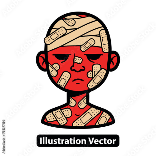 Wounded Man Covered in Bandages, First Aid Trauma Patient with Injuries and Wounds