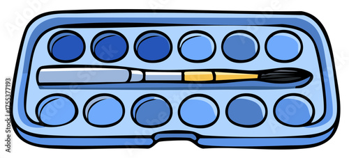 Blue watercolor paint palette with brush: artistic supplies for artists