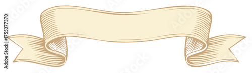 Engraved banner illustration, vintage ribbon vector, beige paper scroll with detailed line art for text placement