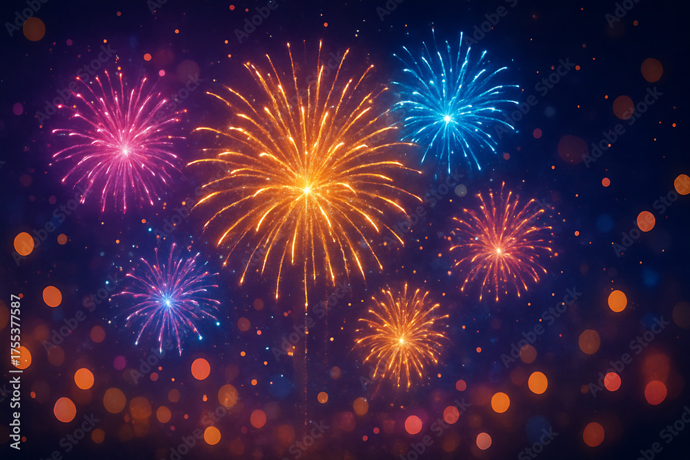 Fireworks Colorful Festive Celebration Event Background, Modern 3D Cartoon Illustration Style for Holiday Greeting, Party Design, Decorative Banner and Seasonal Artwork