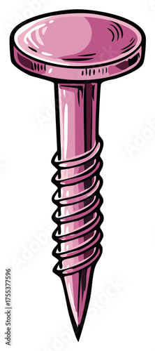 Illustration showing a single pink nail with a helical thread wrapped around its body and isolated on white