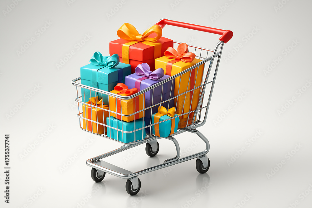 A shopping cart full of gifts is on isolated transparent background. The cart is full of presents, including a colorful box with a bow on top. The cart is on isolated transparent background A shopping cart full of gifts is on isolated transparent background. The cart is full of presents, including a colorful box with a bow on top. The cart is on isolated transparent background