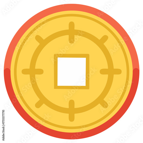 Yellow Feng Shui Coin with Red Border, Square Hole, Cross Emblem
