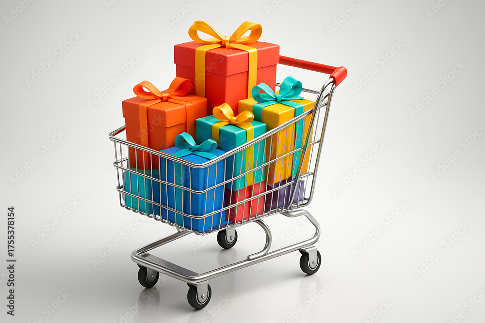 A shopping cart full of gifts is on isolated transparent background. The cart is full of presents, including a colorful box with a bow on top. The cart is on isolated transparent background A shopping cart full of gifts is on isolated transparent background. The cart is full of presents, including a colorful box with a bow on top. The cart is on isolated transparent background