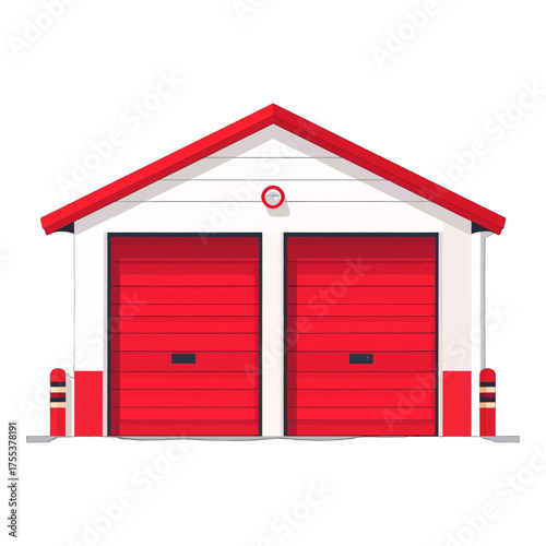 Red and White Two Door Garage Building Isolated on White Background Minimalist Style Vector Illustration