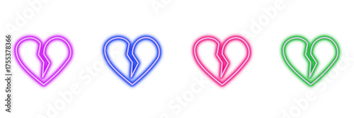 Neon glowing broken heart vector icons set, love, breakup, sadness, emotion, disappointment, vibrant colorful digital illustration on transparent background.

