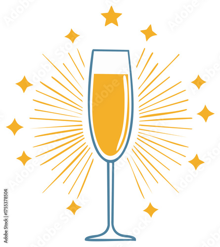 A celebratory champagne flute filled with golden bubbly liquid surrounded by sparkling stars and radiant rays