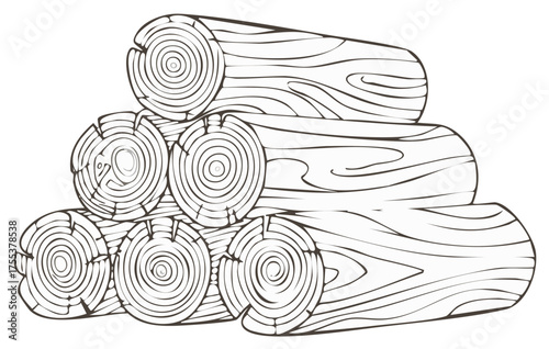 Stack of Wooden Logs Illustration, Detailed Tree Rings and Wood Grain Textures