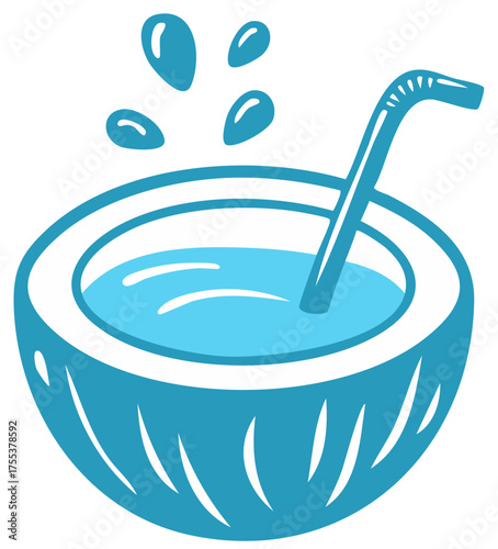 Refreshing blue coconut water drink with a straw and splashes, tropical summer beverage