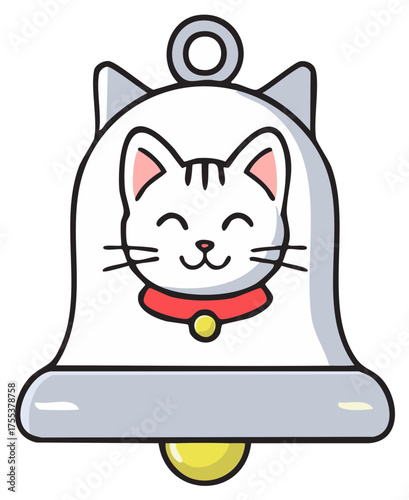 Smiling white cat head shaped bell illustration with a bright red collar and cheerful expression