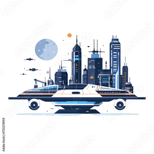Futuristic Pixel Art Metropolis Above Ground Vehicle With Crescent Moon In Background On White