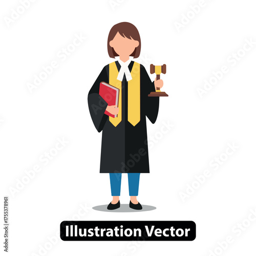 Female Judge or Lawyer Illustration Holding Gavel and Law Book, Representing Justice System Authority and Legal Expertise