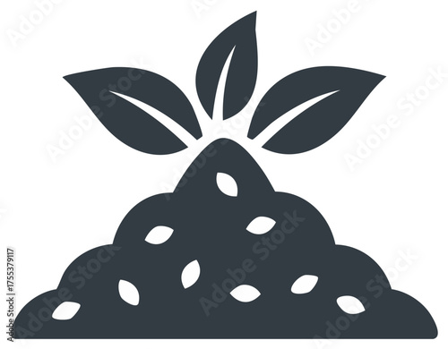 Minimalist flat icon of a plant sprout with leaves growing from a fertile compost or soil mound