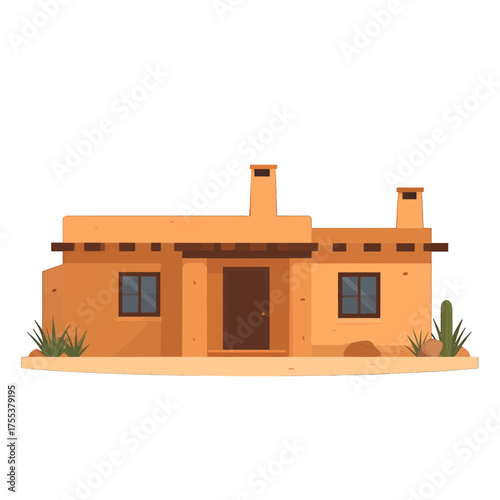 Adobe House with Flat Design Style Featuring Brown Tone Facade Two Chimneys and Cactus Accent in Desert Landscape on White Background