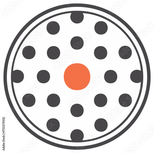 Abstract circle with radiating dots and a central orange circle