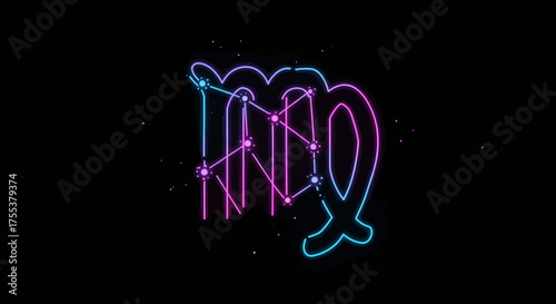 Luminous Virgo Constellation: Neon Zodiac Sign on Black Background.