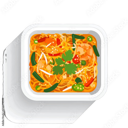 Overhead Shot of Takeout Noodles with Shrimps and Vegetables in White Square Container Isolated on White Background with Long Shadow
