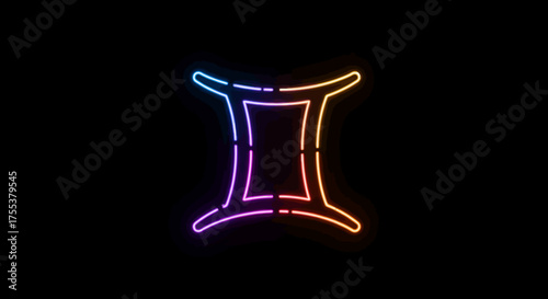 Gemini Zodiac Sign in Vibrant Neon Colors on Black Background.